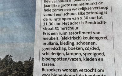 Revival houdt ‘schuurverkoop’ in plaats van rommelmarkt, kopt de Barneveldse krant. Iedereen van harte welkom!